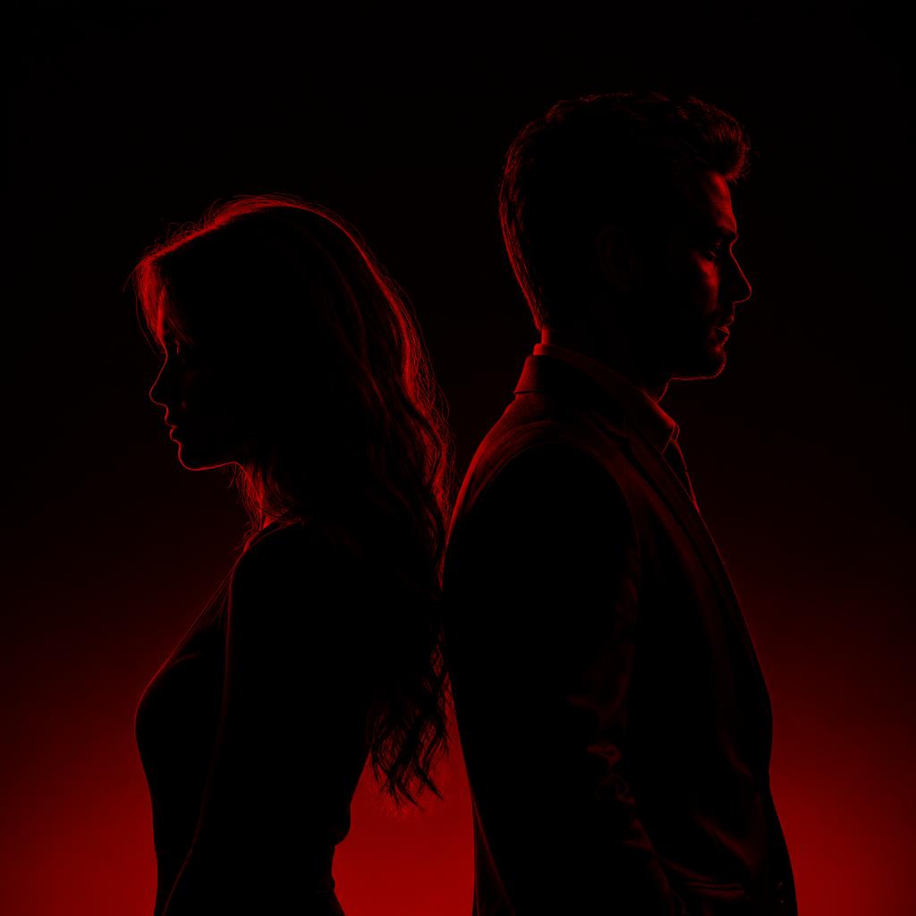 Silhuetas de um casal de costas iluminadas por luz vermelha